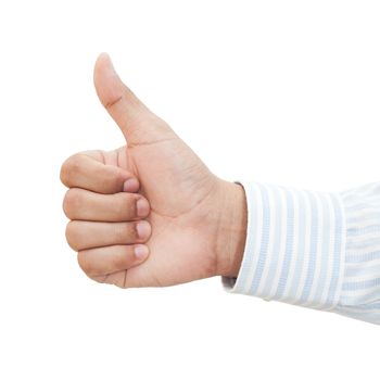 A businessman's hand showing thumb up