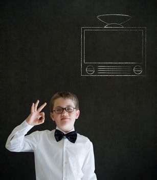 All ok or okay sign boy dressed up as business man with chalk tv television on blackboard background
