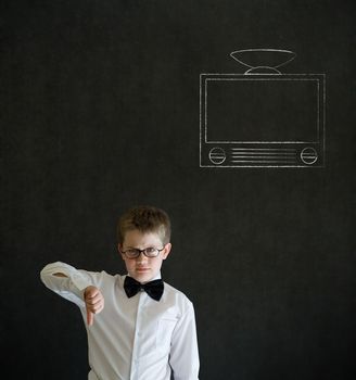 Thumbs down boy dressed up as business man with chalk tv television on blackboard background