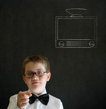 Education needs you thinking boy dressed up as business man with chalk tv television on blackboard background