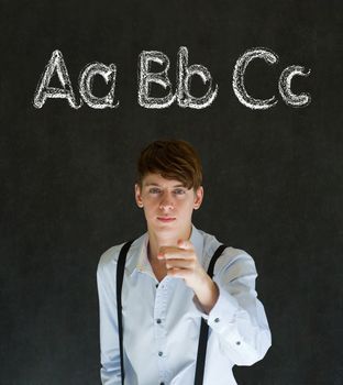 Learn alphabet write writing man teacher on chalk blackboard background