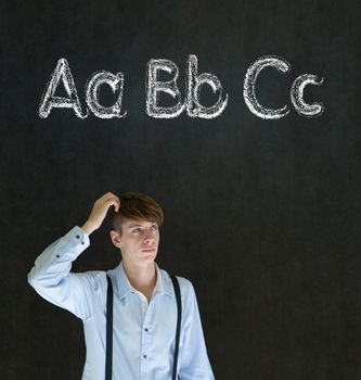 Learn alphabet write writing man teacher on chalk blackboard background