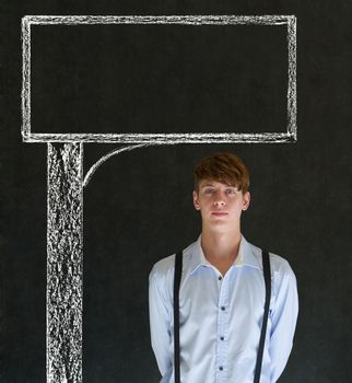 Businessman, teacher or student with chalk road advertising sign blackboard background