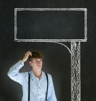 Businessman, teacher or student with chalk road advertising sign blackboard background