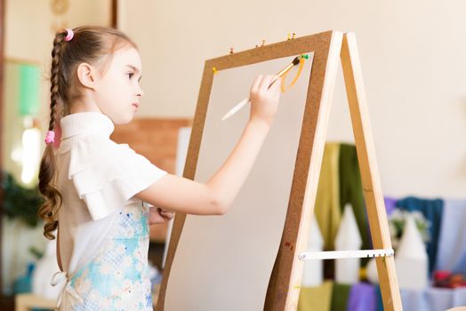 portrait of a girl standing next to his easel, a drawing lesson