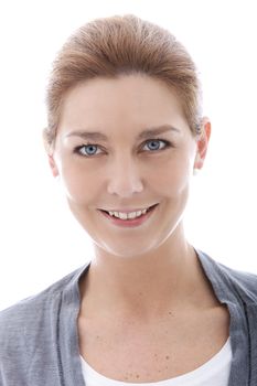 Close up portrait of smiling female over the white background