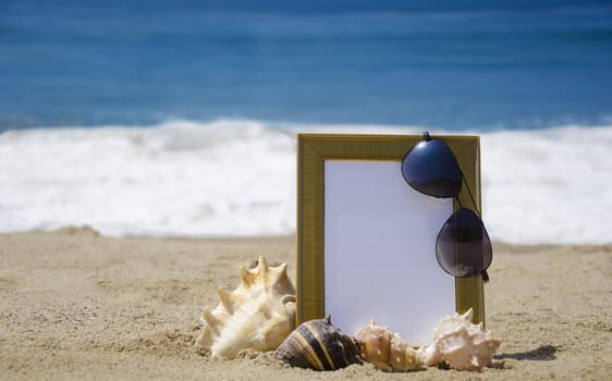 Photoframe with seashells and sunglasses on sandy beach 
