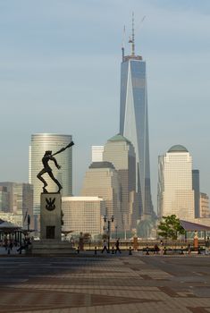 JERSEY CITY, NJ, USA - 22 MAY: Katyn Memorial in Jersey City in front of newly built World Trade Center on 22 May 2013. The statue was unveiled in June 1991