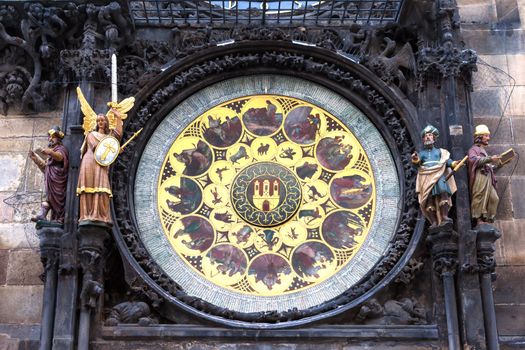 The astronomical clock on the wall of the old town hall in Prague. The Central part of the (astronomical disks) dates back to 1410, and about 1490 sculptures, and dial calendar was added to it.
