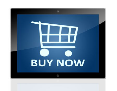 Tablet PC with a shopping cart and words buy now on blue background - isolated on white background