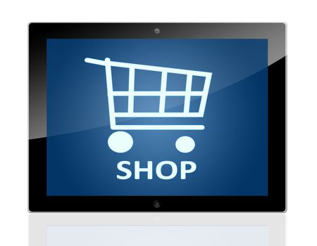 Tablet PC with a shopping cart and word shop on blue background - isolated on white background