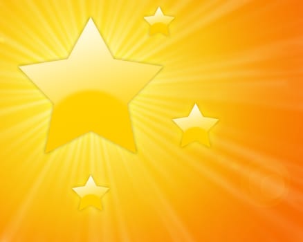Yellow shining stars with light rays on a orange gradient background