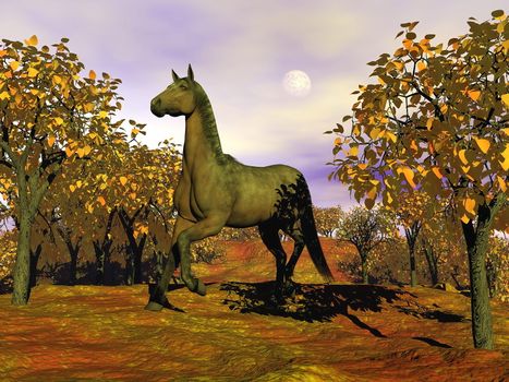 Beautiful brown horse running among trees by autumn cloudy day