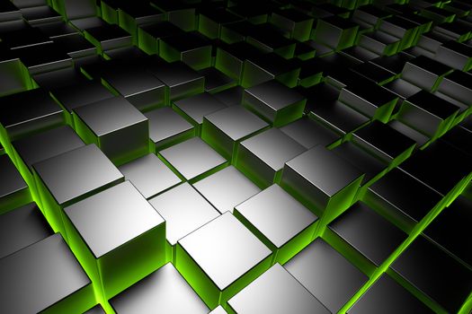 Metallic cubes. Abstract background with green light. 3d render