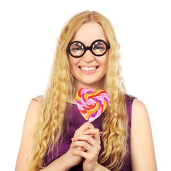 girl in funny eyeglasses with lollipop, isolated on white