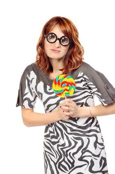crazy woman in funny eyeglasses with lollipop