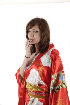 french young girl geisha in red silk kimono