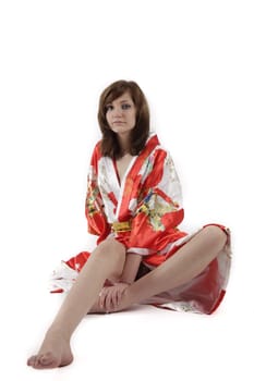 french young girl geisha in red silk kimono