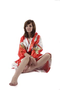 french young girl geisha in red silk kimono