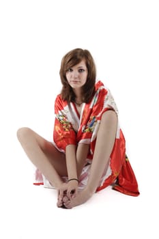 french young girl geisha in red silk kimono