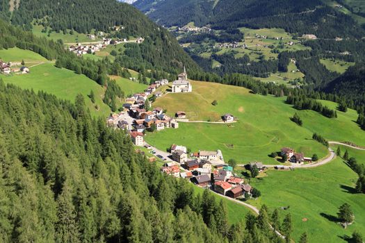aerial view of Laste village and Cordevole valley from Sass de Rocia, Italian Dolomites