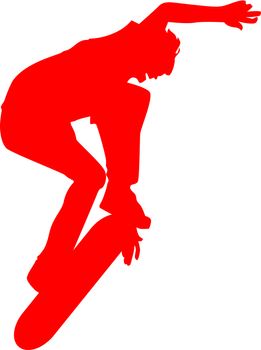 Red silhouette of a skateboarder flipping the skateboard in the air.