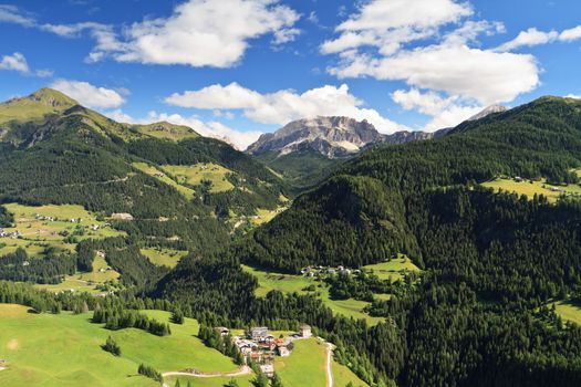 aerial view of Laste village and Cordevole valley from Sass de Rocia, Italian Dolomites