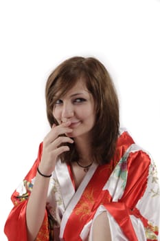 french young girl geisha in red silk kimono