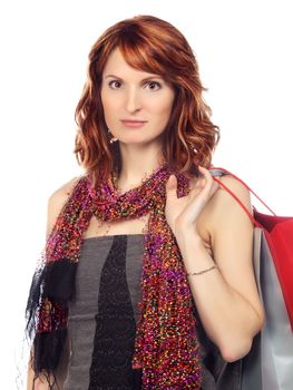 happy girl with shopping bags, isolated on white