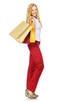 happy girl with shopping bags, isolated on white