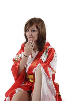 french young girl geisha in red silk kimono