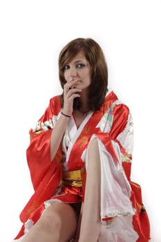 french young girl geisha in red silk kimono