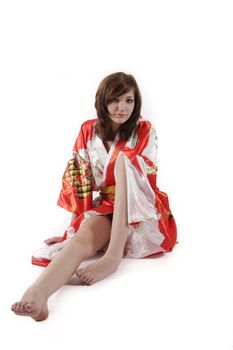 french young girl geisha in red silk kimono