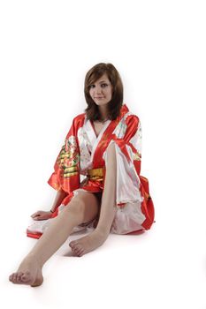 french young girl geisha in red silk kimono