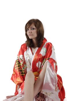 french young girl geisha in red silk kimono