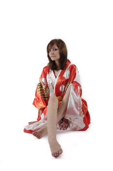 french young girl geisha in red silk kimono