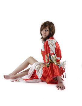 french young girl geisha in red silk kimono