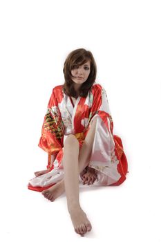 french young girl geisha in red silk kimono