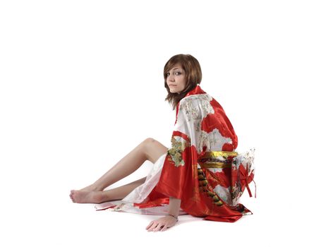 french young girl geisha in red silk kimono