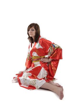 french young girl geisha in red silk kimono