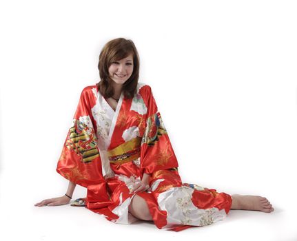 french young girl geisha in red silk kimono