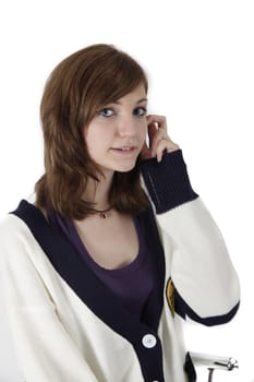 innocent young french woman on studio white background