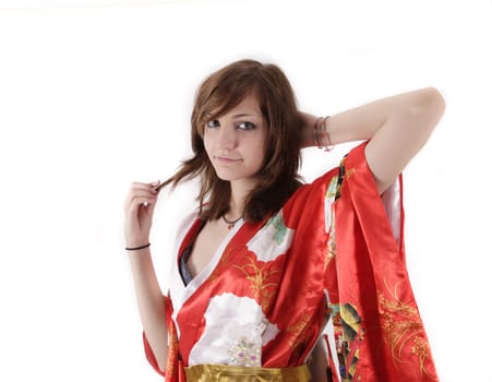 french young girl geisha in red silk kimono