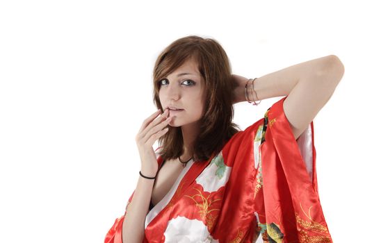 french young girl geisha in red silk kimono