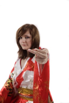 french young girl geisha in red silk kimono