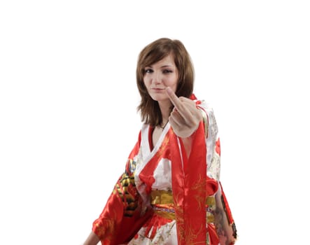 french young girl geisha in red silk kimono