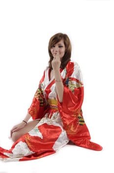 french young girl geisha in red silk kimono