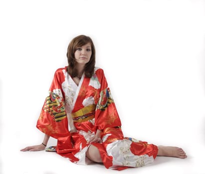 french young girl geisha in red silk kimono