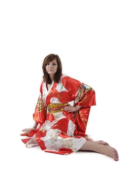 french young girl geisha in red silk kimono