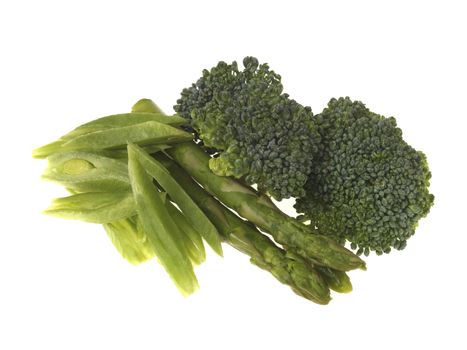 Fresh Raw Uncooked Vegetables Broccoli Asparagus and Runner Beans Isolated White Background